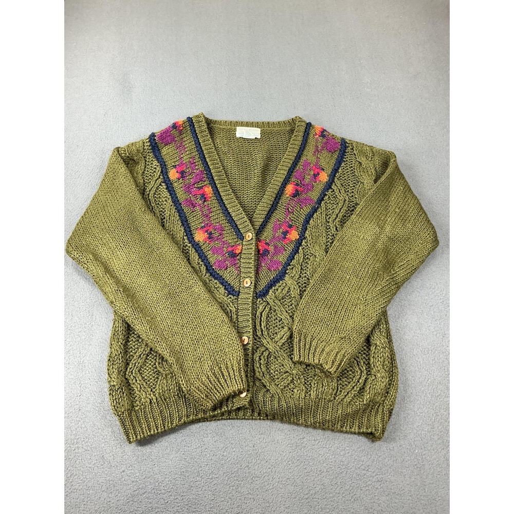 Jamie Scott Cardigan Womens S Green Floral Embroidered Cable Hand Knit Cottage
